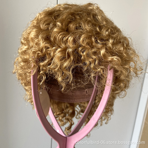 Ombre Blonde Curly Human Hair Wigs Afro Curl Wig With Bangs Mechanism wig